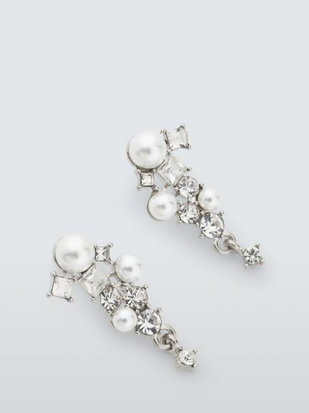 John Lewis Pearl Diamante Drop Earrings, Silver, Silver