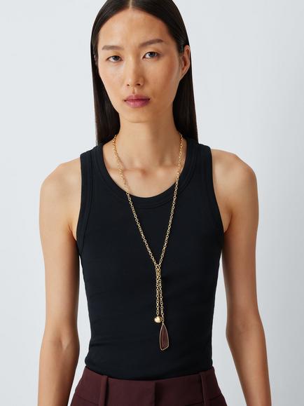 John Lewis Enamel and Sphere Drop Y-Shape Necklace, Gold/Brown - view 2, Gold/Brown