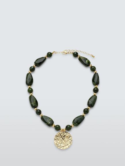 John Lewis Textured Disc Beaded Chain Necklace, Dark Green/Gold, Dark Green/Gold