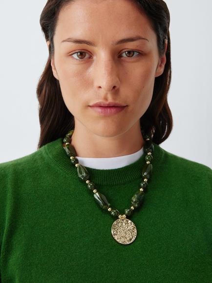 John Lewis Textured Disc Beaded Chain Necklace, Dark Green/Gold - view 2, Dark Green/Gold