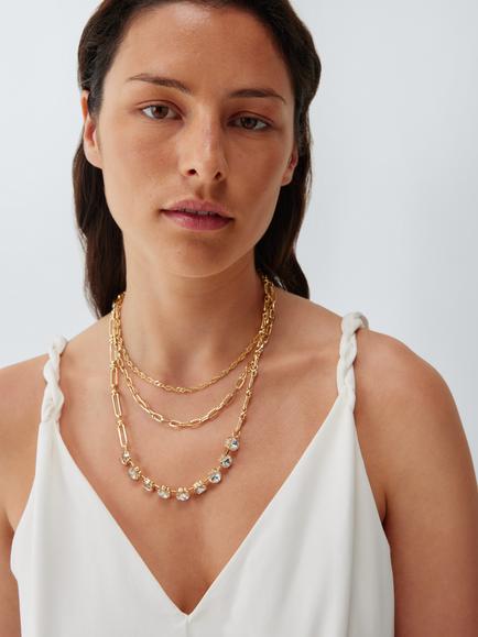 John Lewis Layered Link Chain Crystal Necklace, Gold - view 2, Gold