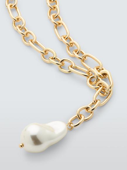 John Lewis Double Layer Link Pearl Necklace, Gold - view 2, Gold