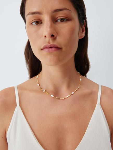 John Lewis Pearl and Crystal Station Necklace, Gold - view 2, Gold