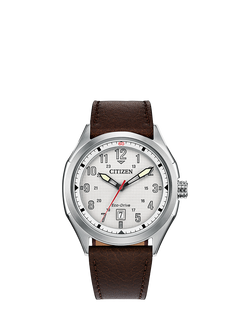 Citizen AW1890-19B Men's Terra Force Round Leather Strap Watch, Silver, Silver