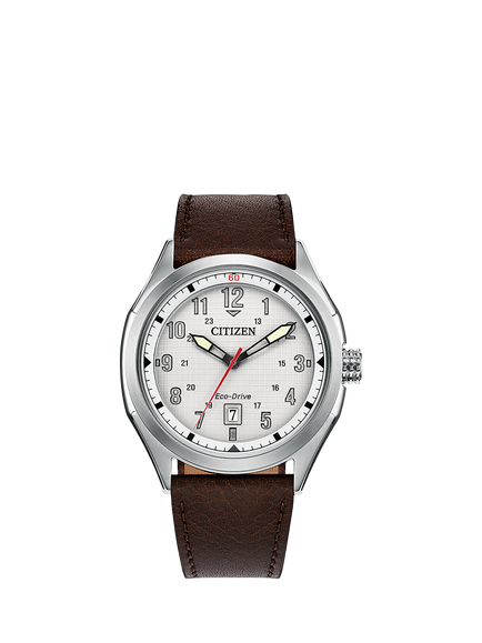 Citizen AW1890-19B Men's Terra Force Round Leather Strap Watch, Silver, Silver