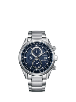 Citizen AT8260-85L Mens' World Radio Control Chronograph Bracelet Strap Watch, Silver, Blue