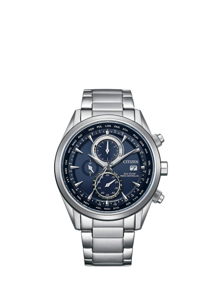 Citizen AT8260-85L Mens' World Radio Control Chronograph Bracelet Strap Watch, Silver, Blue