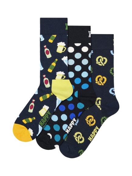 Happy Socks Cotton Blend Beer & Pretzel Socks, Pack of 3, Navy, Navy