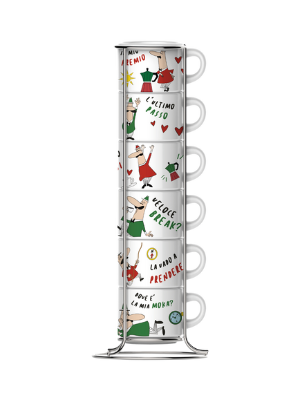 Bialetti Ciao Italia Stackable Porcelain Espresso Cups & Stand, Set of 6, 75ml, Multi, Multi