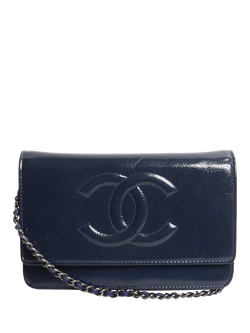 Pre-loved CHANEL 2014 Patent Leather Chain Strap Wallet, Blue, Blue