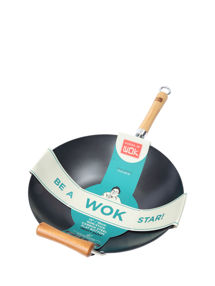School Of Wok Flat Bottom Carbon Steel Non-Stick Wok with Bamboo Handles, 36cm, Black