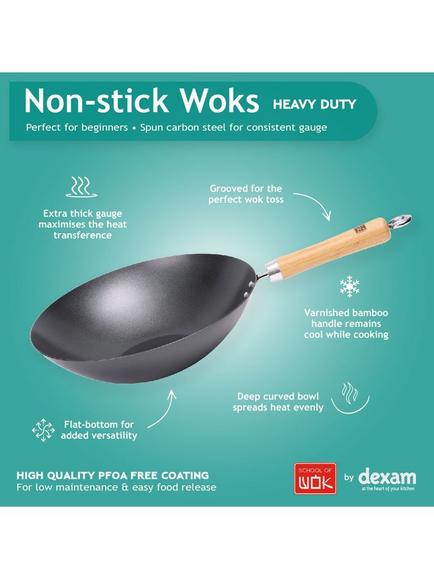 School Of Wok Flat Bottom Carbon Steel Non-Stick Wok with Bamboo Handles, 36cm - view 2, Black
