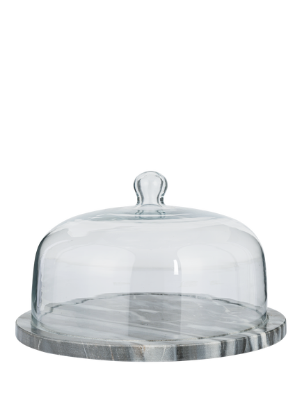 nkuku Kallso Grey Marble Base Glass Lid Cake Dome, Grey Marble