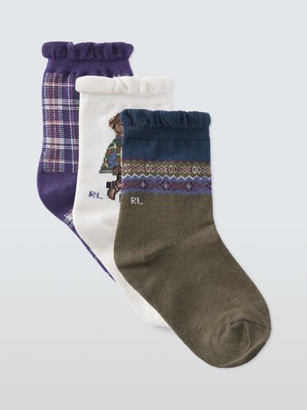 Ralph Lauren Kids' Cotton Blend Crew Socks, Pack of 3, Ivory/Purple/Olive, Ivory/Purple/Olive
