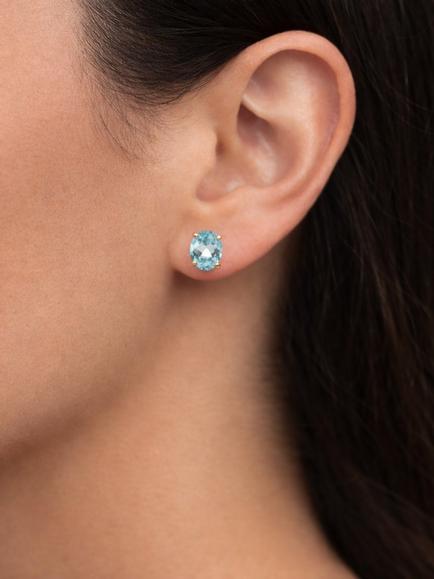E.W Adams 9ct Yellow Gold Oval Cut Blue Topaz Stud Earrings, Yellow/Blue - view 2, Yellow/Blue