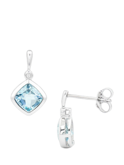 E.W Adams 9ct White Gold Cushion Cut Blue Topaz and Diamond Drop Earrings, Blue, Blue