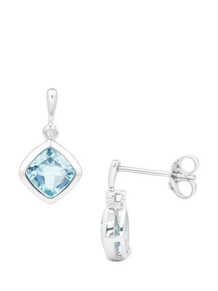 E.W Adams 9ct White Gold Cushion Cut Blue Topaz and Diamond Drop Earrings, Blue, Blue