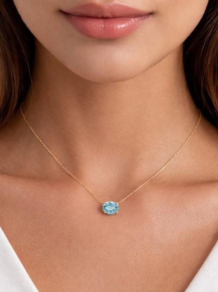 E.W Adams 9ct Yellow Gold Oval Cut Blue Topaz Pendant Necklace, Yellow/Blue - view 2, Yellow/Blue
