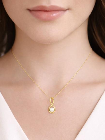 E.W Adams 9ct Yellow Gold Freshwater Pearl Twist Figure of Eight Pendant Necklace, Yellow - view 2, Yellow