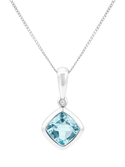 E.W Adams 9ct White Gold Cushion Cut Blue Topaz and Diamond Pendant Necklace, White/Blue, White/Blue
