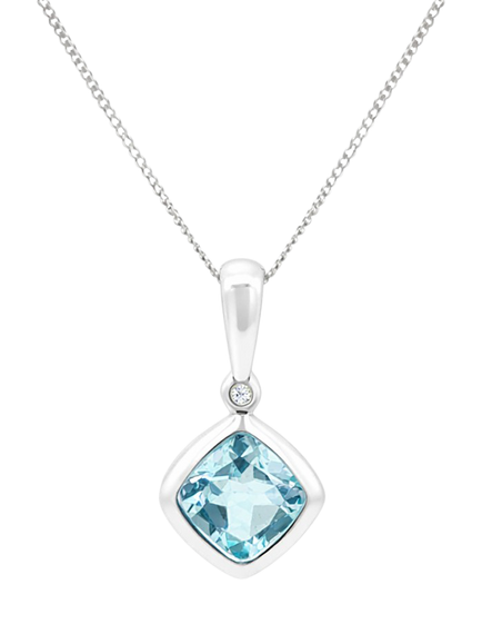 E.W Adams 9ct White Gold Cushion Cut Blue Topaz and Diamond Pendant Necklace, White/Blue, White/Blue