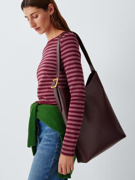 John Lewis Milan Leather Hobo Bag, Aub - view 2, Aub