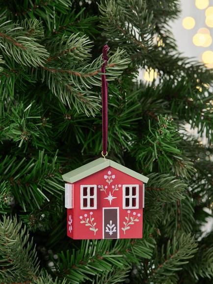 John Lewis The Cherisher Wooden House Tree Decoration, Pink - view 2, Red