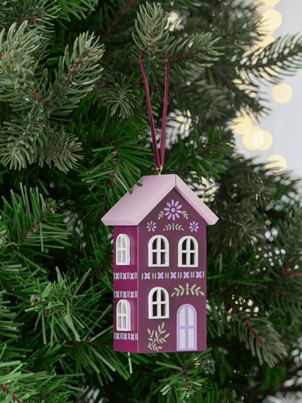 John Lewis The Cherisher Wooden House Tree Decoration, Purple - view 2, Purple