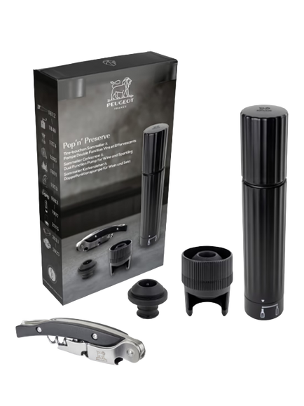 Peugeot Pop "n" Preserve Corkscrew, Wine and Champagne Stopper Set, Black