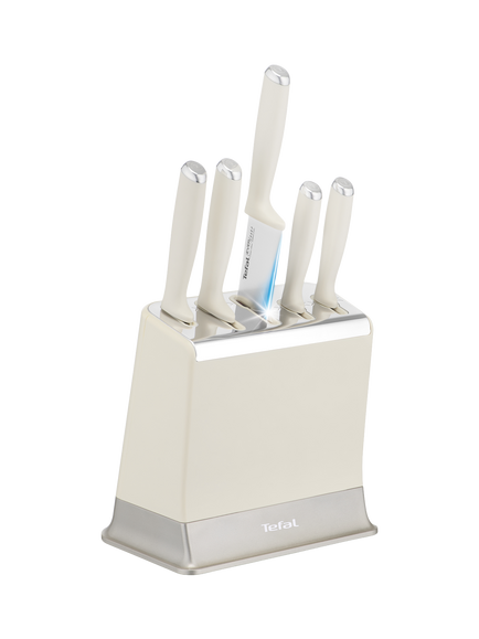 Tefal EverSharp Automatic Sharpening Kitchen Knife Block Set, 5 Piece, Cream, Cream