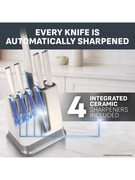 Tefal EverSharp Automatic Sharpening Kitchen Knife Block Set, 5 Piece, Cream - view 2, Cream