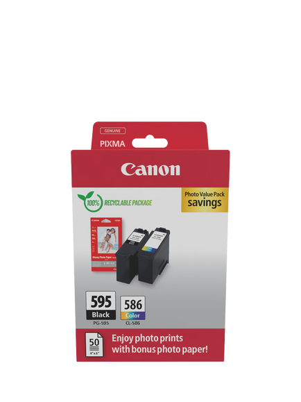 Canon PG-595/CL-586 Inkjet Printer Cartridge Multipack, Pack of 2, with GP-501 Glossy Photo Paper, 10 x 15cm, 50 Sheets, Multi