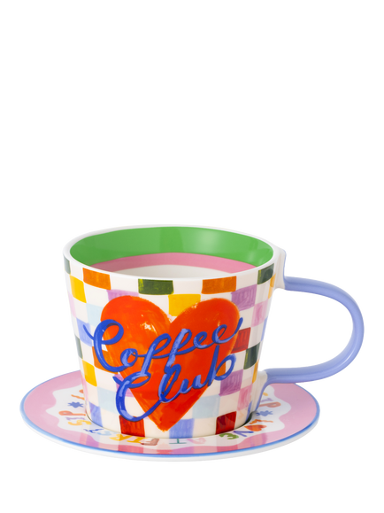 Eleanor Bowmer Coffee Club Stoneware Mug & Saucer, 295ml, Multi Multi