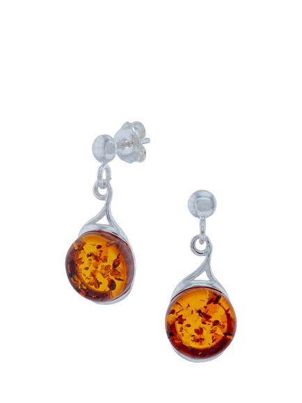 Be-Jewelled Natural Baltic Round Amber Drop Stud Earrings, Silver/Cognac, Silver/Cognac