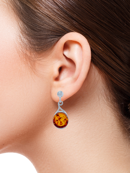 Be-Jewelled Natural Baltic Round Amber Drop Stud Earrings, Silver/Cognac - view 2, Silver/Cognac