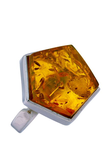 Be-Jewelled Natural Baltic Cognac Amber Ring, Silver/Cognac
