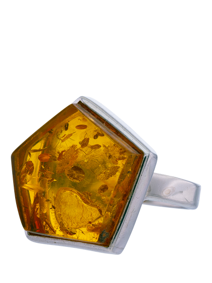 Be-Jewelled Natural Baltic Cognac Amber Ring - view 2, Silver/Cognac