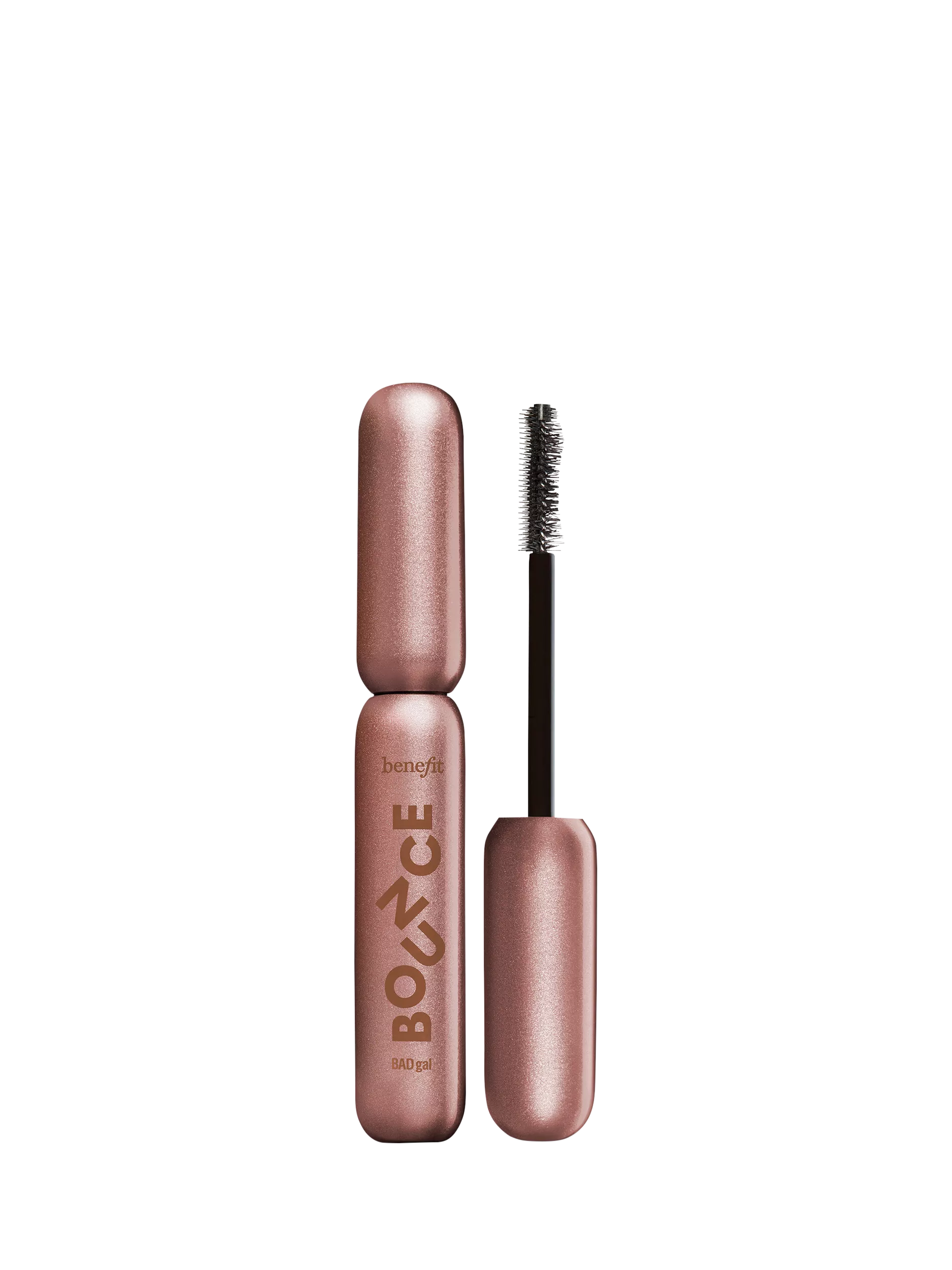 Benefit BADgal BOUNCE mascara in rose gold tube with wand applicator, isolated on black background