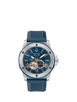 Bulova 98A282 Men's Marine Star Automatic Silicone Strap Watch, Blue, Blue