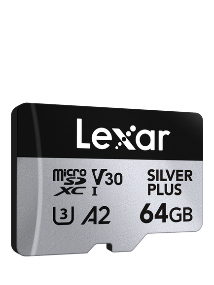 Lexar Silver Plus UHS-1, Class 10, MicroSDXC card, up to 205MB/s Read Speed, 64GB, Silver With Black, Silver With Black