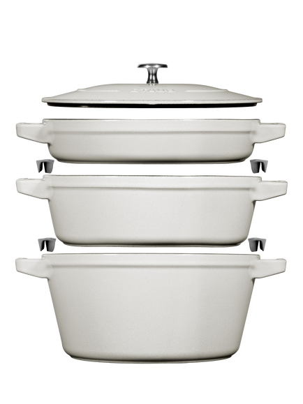 STAUB Stackable Round Cast Iron Casserole & Pan Set, 3 Piece, 24cm, Truffle, White Truffle