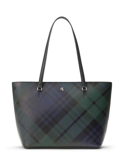 Lauren Ralph Lauren Karly Leather Medium Tote Bag, Black/Black Tartan, Black/Black Tartan