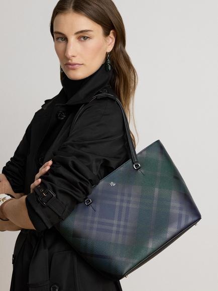 Lauren Ralph Lauren Karly Leather Medium Tote Bag, Black/Black Tartan - view 2, Black/Black Tartan