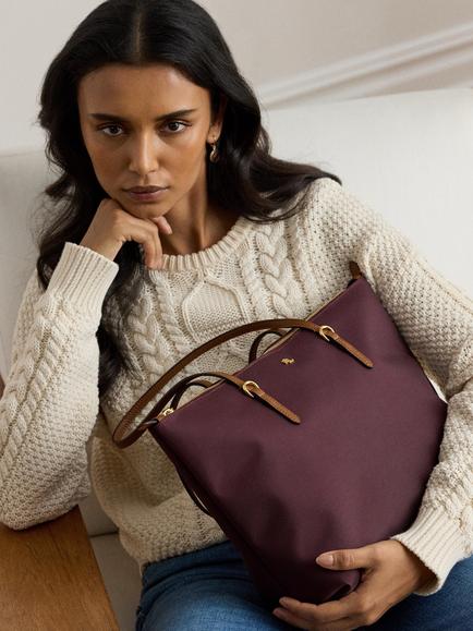 Ralph Lauren Keaton Medium Tote Bag, Dark Garnet - view 2, Dark Garnet/Tan