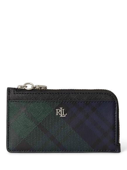 Lauren Ralph Lauren Zipped Leather Card Holder Case, Black/Black Tartan, Black/Black Tartan