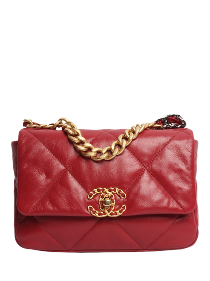 Pre-loved CHANEL 2022 19 Lambskin Quilted Shoulder Bag, Red, Red