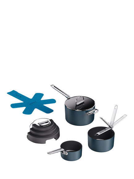 Joseph Joseph Space Folding Handle Aluminium Non-Stick Saucepan & Accessories Set, 3 Piece, Navy, Navy