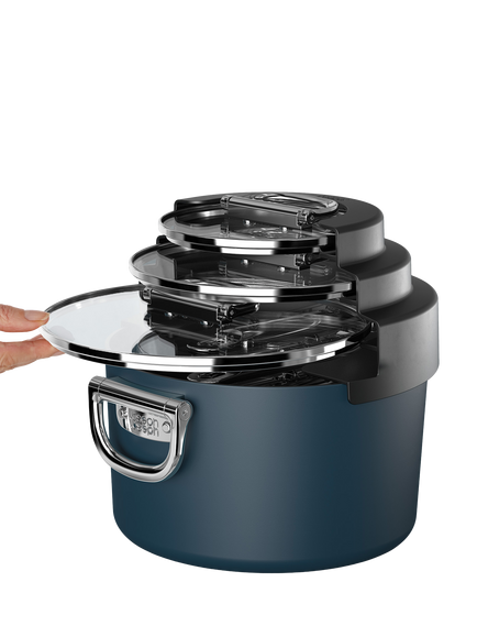 Joseph Joseph Space Folding Handle Aluminium Non-Stick Saucepan & Accessories Set, 3 Piece, Navy - view 2, Navy