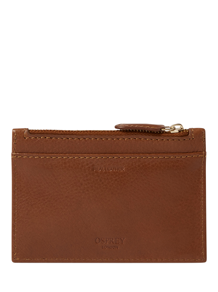 OSPREY LONDON Deboss East West Leather Zip Top Card Holder, Tan
