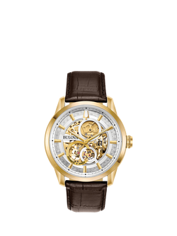 Bulova 97A138 Men's Classic Sutton Round Leather Strap Watch, White/Brown, White/Brown